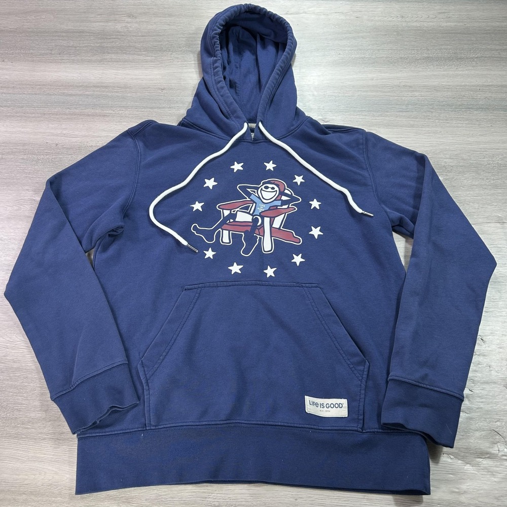 Life Is Good Hoodie Mens Small Blue Stars Relaxed Chair Pullover Sweatshirt